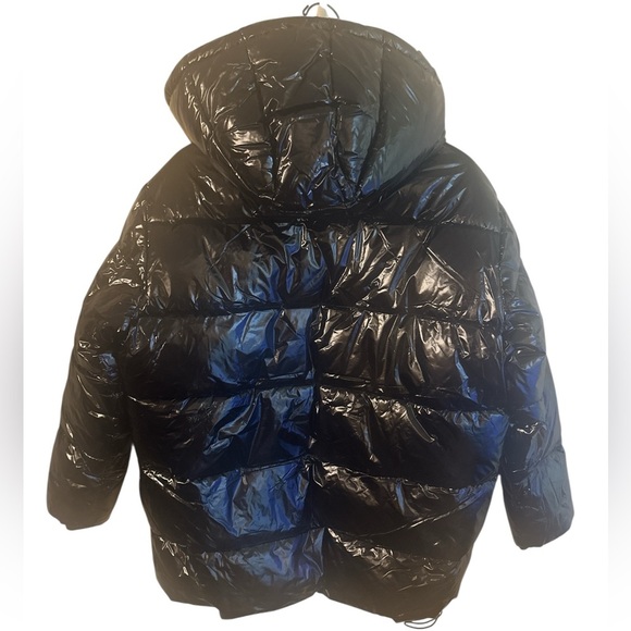 Mono B Faux Leather Jacket Size Large Black Puffer High Neckline Removable Hood - Picture 6 of 13